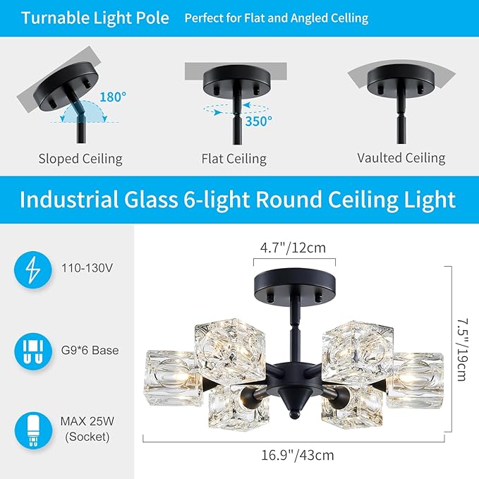XINGQI Modern Sputnik Chandelier 6-Lights Black Ceiling Light Fixture Small Farmhouse Semi Flush Mount Ceiling Light Glass Industrial Lighting for Hallway Dining Room Living Room Kitchen Bedroom