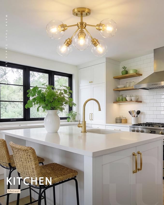6-Light Semi Flush Mount Ceiling Light, 22" Modern Light Fixtures Ceiling Mount with Globe Clear Glass Shade, Brushed Gold Light Fixtures for Kitchen Entryway Bedroom, SM195-BG-6