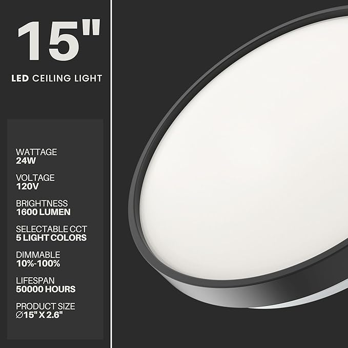 DYMOND 15" Matte Black LED Ceiling Light Dimmable Flush Mount 5-in-1 Adjustable Color Temperature 2700K 3000K 3500K 4000K 5000K Selectable CCT Warm White to Daylight