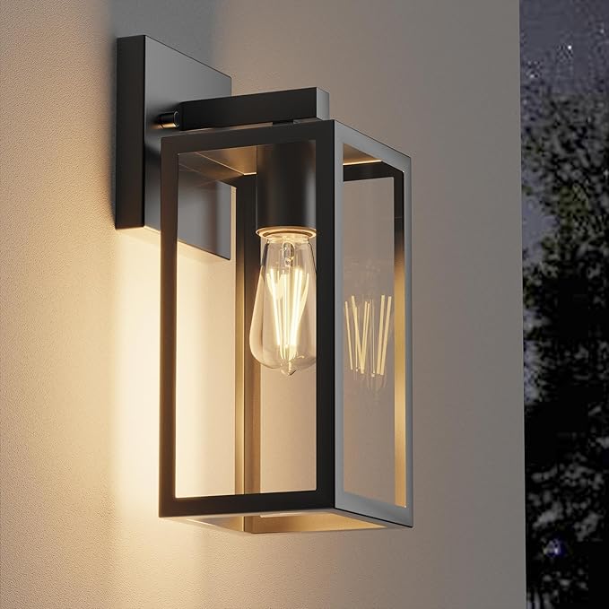 Kalium Porch Wall Lights Outdoor, Waterproof Lanterns with Frame and Clear Glass Shade, Exterior Front Porch Light Matte Black Wall Sconce, Modern Mounted Lighting for Patio Entryway Hallway