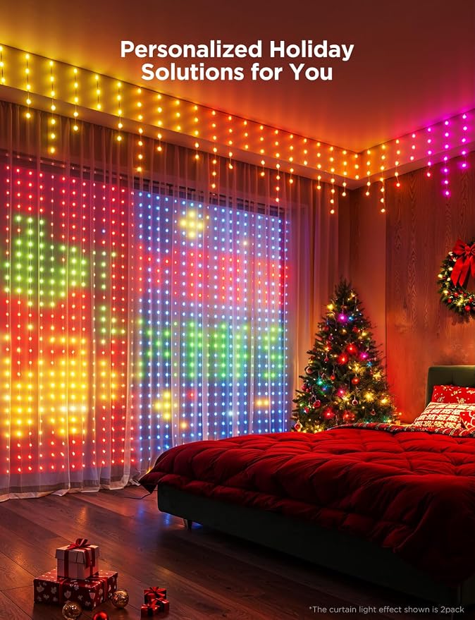 Govee Outdoor Lights Set, Includes Curtain Lights, String Lights, & Icicle Lights, House Decor for Indoors & Outdoors, RGBIC Smart LED Lights, Holly-Jolly Christmas Bundle 1 Pack Each