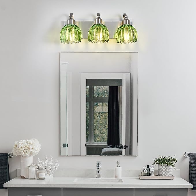3-Light Vanity Lights with Green Tulip Glass Shade, Brushed Nickel Bathroom Lighting Fixture Over Mirror, Vintage Vanity Wall Sconce Lamp for Kitchen Living Room Hallway