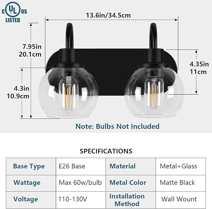 Dpyrrhic Modern 2-Light Vanity Light, Bathroom Lighting Fixture Over Mirror With Clear Glass Shade and Metal Base, Matte Black Wall Mounted for Bathroom