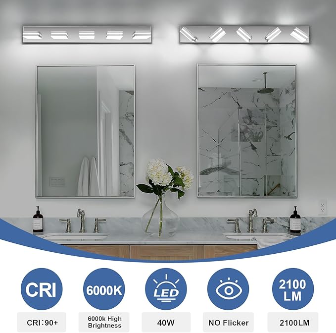 Modern LED Bathroom Lights Fixtures 5-Light,Stainless Steel Chrome Acrylic Wall Lighting,Vanity Lights for Bathroom Over Mirror 6000k 34in