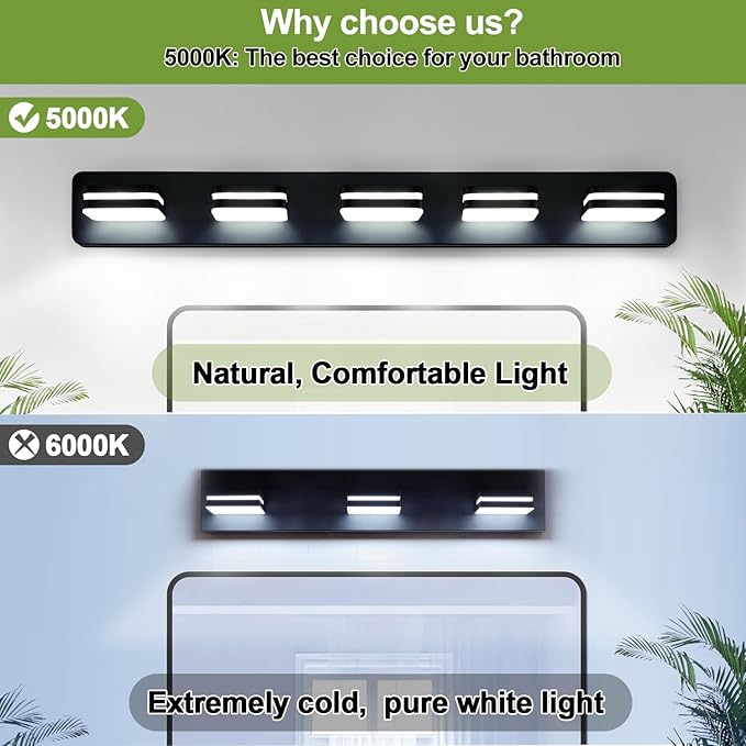 360° Rotate LED Bathroom Vanity Light Fixtures, 2100LM Acrylic Matte Black Vanity Lights for Bathroom, Modern Wall Lighting Fixtures Over Mirror Kitchen Living Room Hallway (Natural White Light 5000K)