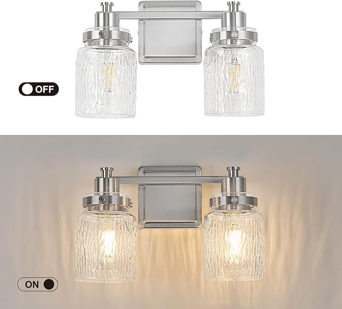 2 Lights Bathroom Light Fixtures Farmhouse Brushed Nickel Vanity Lights for Bathroom Lighting Fixtures Over Mirror with Hammered Glass Lampshade for Cabinet Mirror Bedroom Hallway