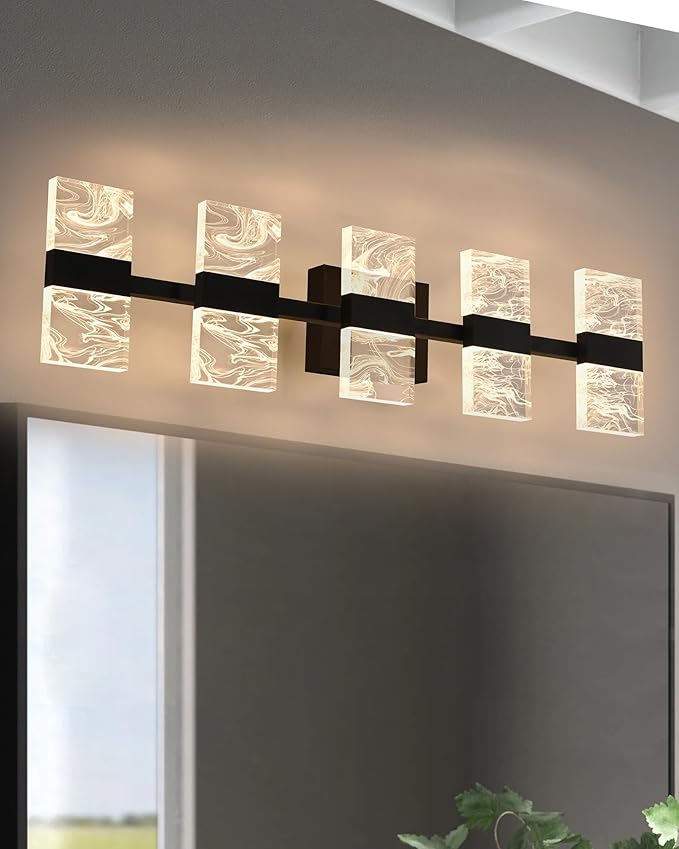 Black LED 3000K Bathroom Light Fixture, Modern 5-Lights Vanity Lighting with Smoke Acrylic Shades, Wall Lamp Over Mirror for Kitchen Bedroom Dress Table (Integrated Led Chips Included)