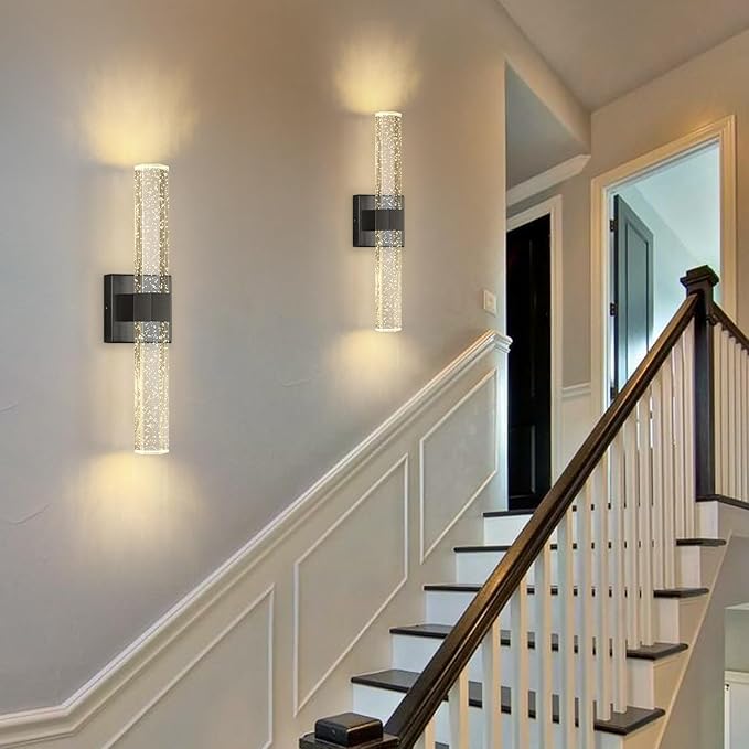 Set of 2 Black LED Wall Sconce Lights Warm Light Modern Crystal Wall Lights Vanity Lighting Fixtures Sconces for Bathroom Living Room Bedroom Dining Room Hallway