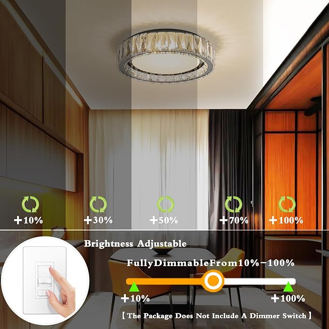 Crystal Dimmable Flush Mount Ceiling Light, Black Modern LED Close to Ceiling Light Fixture with 5CCT 2700K-6000K, Round kitchen Lighting for Bedroom, Laundry Room, Hallway, Living room (15in 36W)