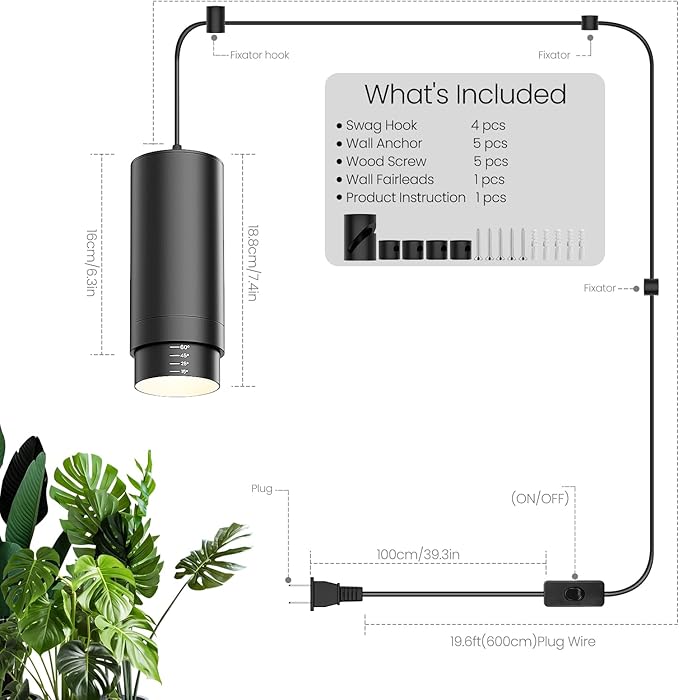 Zoomable Remote Pendant Grow Lights with Auto On/Off Timer, 30W Full Spectrum LED Plant Light 2700K-6000K Dimmable Plug in Hanging Lights for Indoor Plants 20FT Power Cord, Black