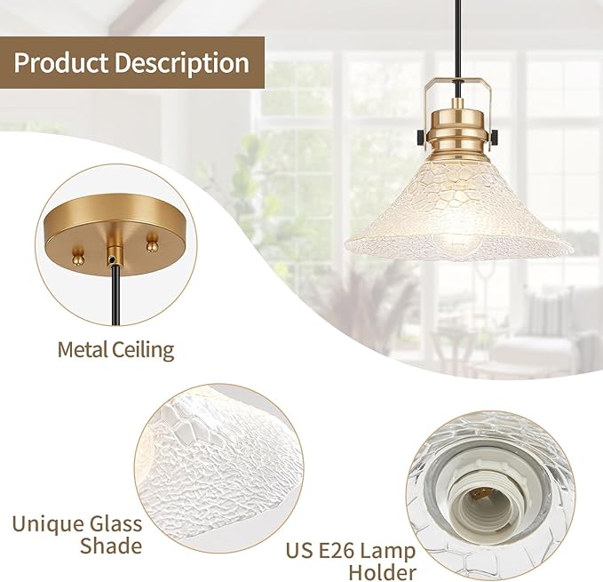 Glass Pendant Lights Kitchen Island 2 Pack Pendant Light Fixtures with Wave Glass Modern Adjustable Hanging Light for Kitchen Sink Dining Room Bedroom