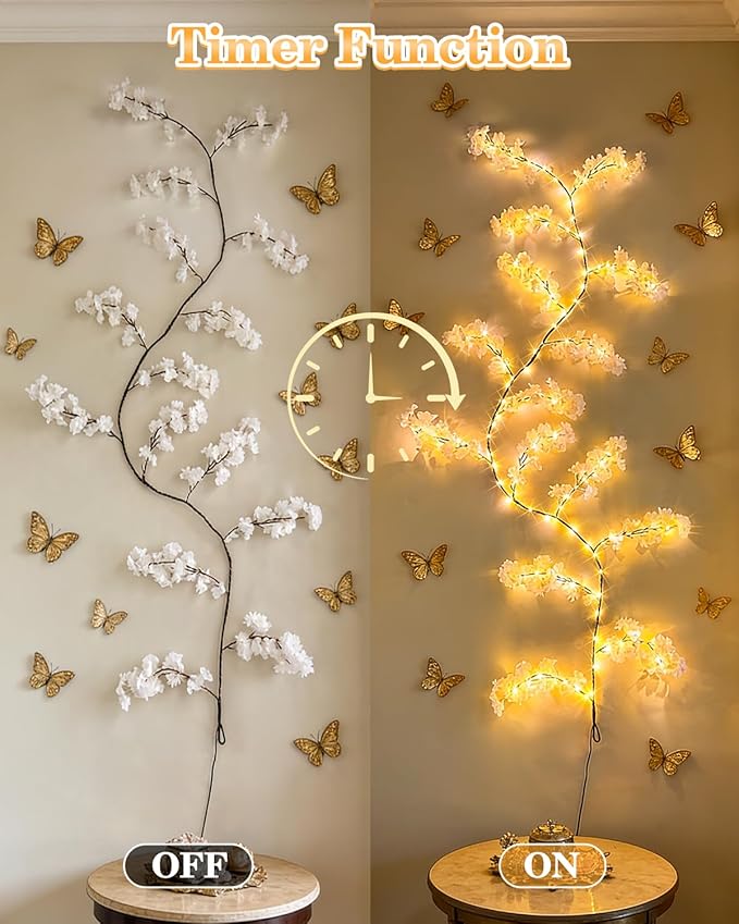 GOESWELL Cherry Blossom Tree Lights for Wall: 7.9FT Lighted Garland for Room and Home Decor - Plug or Battery Operated Artificial Flower Vines for Mantle Fireplace Wedding Party Indoor Outdoor