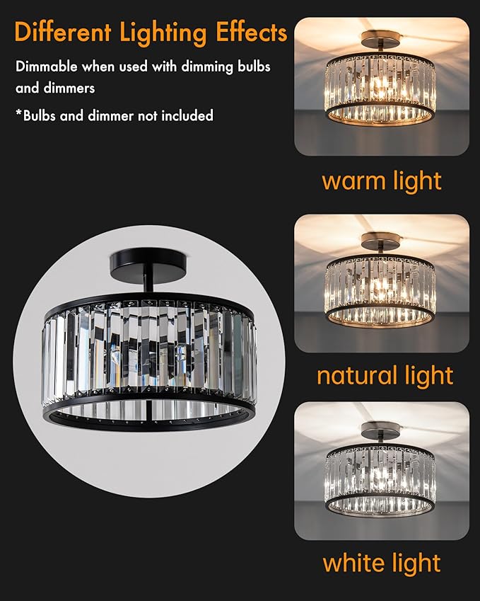 KSRYSZCQ Black Hallway Ceiling Light 3-Light Crystal Ceiling Light Modern Semi Flush Mount Light Fixture for Kitchen Bathroom Foyer
