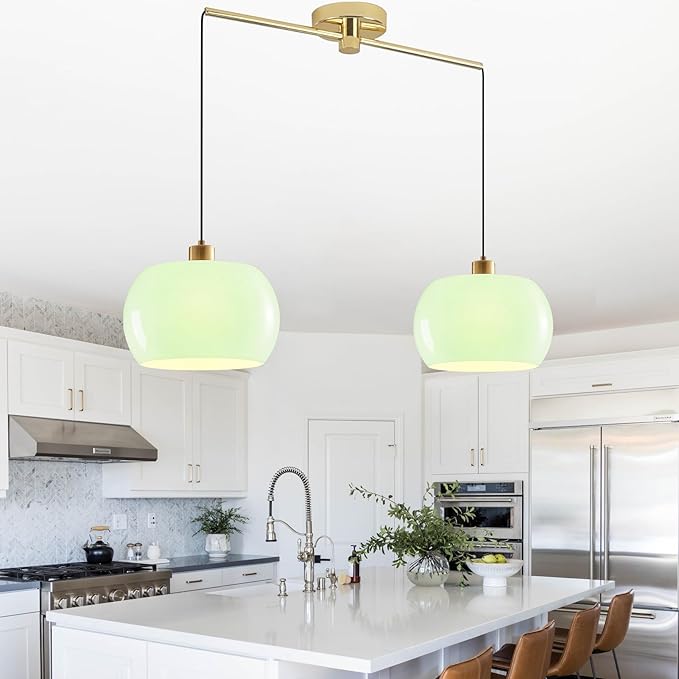 Mid Century Vintage Gold Pendant Light, 2-Light Adjustable Hanging Fixture with Green Glass Dome Shade, Farmhouse Chandelier for Kitchen Island Dining Room
