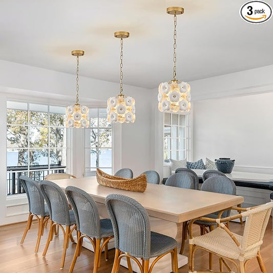 3-Pack Flower Small Pendant Lighting Gold Glass Pendant Light with White Ceramic Flowers Modern 1-Light for Kitchen Island Sink Dining Room Entryway Hallway, E26
