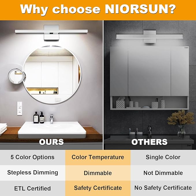 NIORSUN 23.6 inch Chrome Bathroom Vanity Light,14W 5CCT Dimmable LED Bathroom Lighting Fixtures Over Mirror, Modern Vanity Lights for Bathrooms Restroom Mirror- ETL Certified
