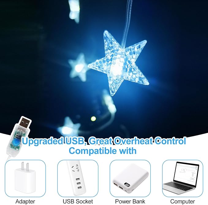 Star Curtain Lights Hanging Star Lights for Window 70 Stars String Light for Wall Décor USB Plug in 8 Modes Twinkle Fairy Lights for Christmas, Bedroom, Indoor, Outdoor, Weddings, Party (Cold White)