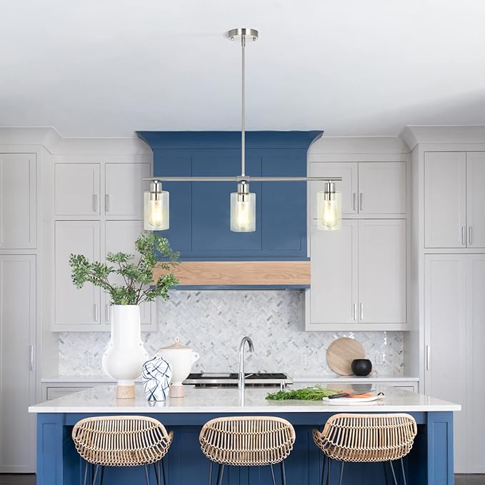 3-Light Pendant Lighting Clear Glass Pendant Lighting for Kitchen Island Brushed Nickel Hanging Light Fixture Pendant Light Dining Room Chandelier Farmhouse