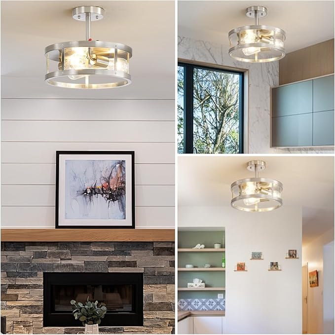 2 Pack Close to Ceiling Lights, Brushed Nickel Semi Flush Mount Ceiling Light Fixture, 13 Inch Adjustable Height Metal Cage Indoor Ceiling Lights for Kitchen Hallway Bedroom Laundry, Easy Assembled