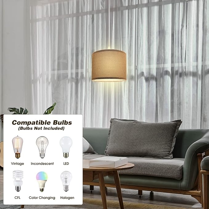 KUAUGST Plug in Pendant Light, 15 FT Hanging Lamp with Plug in Cord, On/Off Switch, Pendant Lighting with Fabric Shade, Hanging Light Fixture for Living Room, Bedroom, Dining Room, Kitchen (Gray)