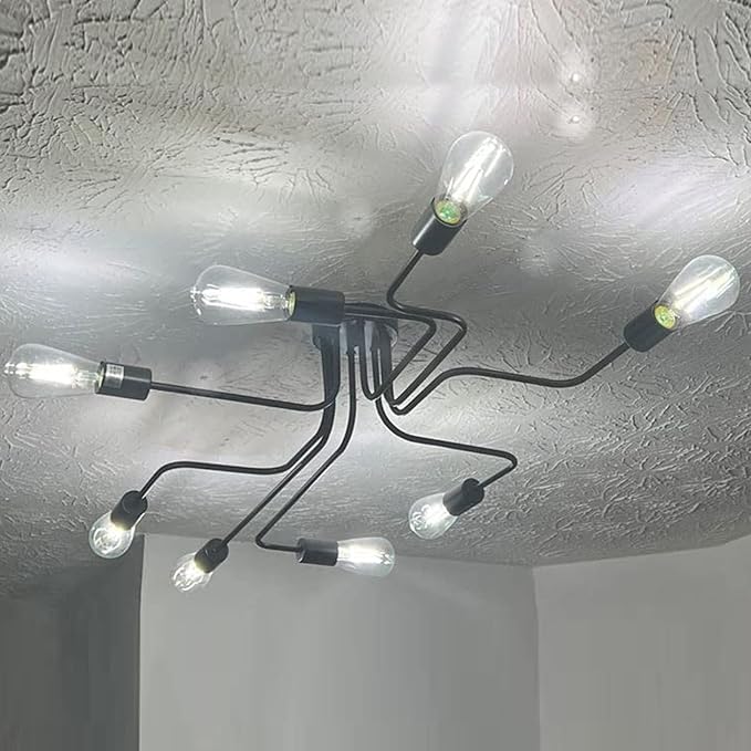LynPon Black Sputnik Ceiling Light Fixture, 8 Lights Industrial Light Fixtures Semi Flush Mount Ceiling Light Rustic Retro Metal Chandelier Lighting for Kitchen Dining Room Living Room