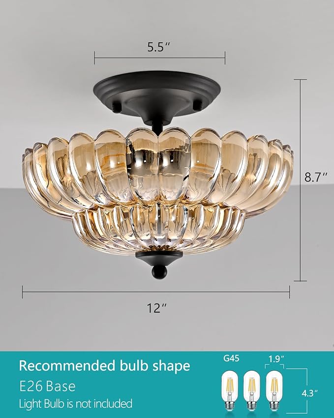 Black Semi Flush Mount Ceiling Light with Amber Glass Shades, 3-Light Modern Farmhouse Chandelier for Kitchen, Bathroom, Hallway, and Entryway