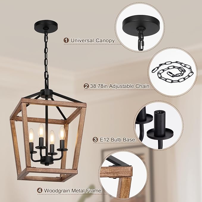 4 Light Farmhouse Chandelier, Lantern Ceiling Light Fixture with Brushed Rustic Wood Metal Cage and Adjustable Chain, E12 Base Geometric Hanging Lights for Dining Room Kitchen Island Entryway, Indoor