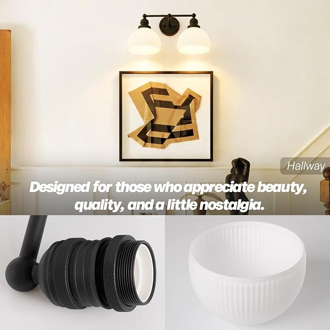 2-Light Wall Sconces,Black Double Bathroom Vanity Light with Milk Glass Minimalist Farmhouse Wall Sconce Light Lamp for Bathroom Mirror Living Room Bedroom Kitchen E26 Hardwire Indoor