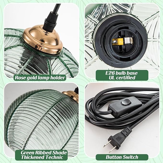 Green Glass Plug in Pendant Light 7.9" Glass Globe Shade Vintage Boho Mid Century Style Plug in Swag Ceiling Light for Bedroom Living Room Cabinets Bathroom
