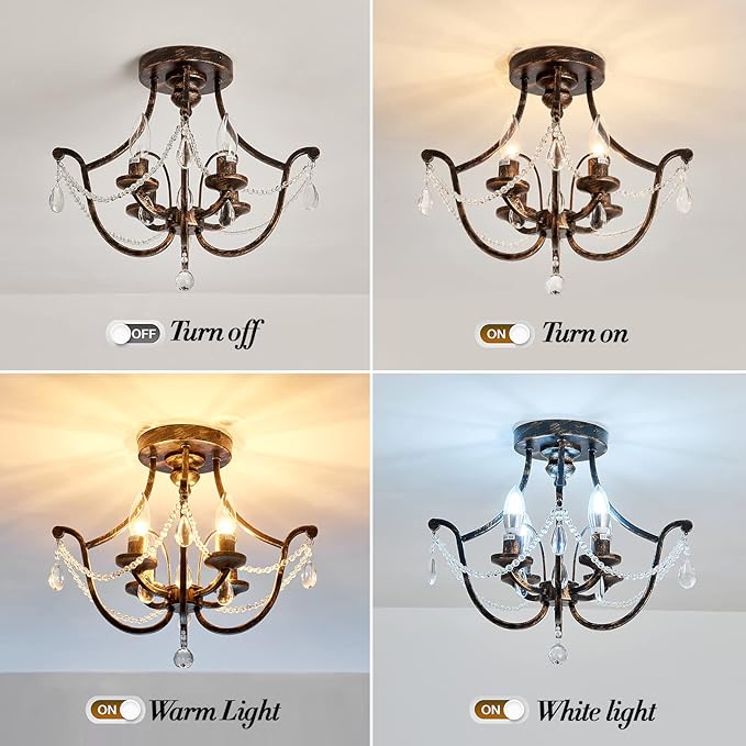 UOFUS Vintage Semi Flush Mount Crystal Chandelier Oil Rubbed Bronze 4-Light Small Metal Ceiling Light Fixture Farmhouse Ceiling Lamp for Foyer Kitchen Entryway Hallway Bathroom Bedroom Dining Room