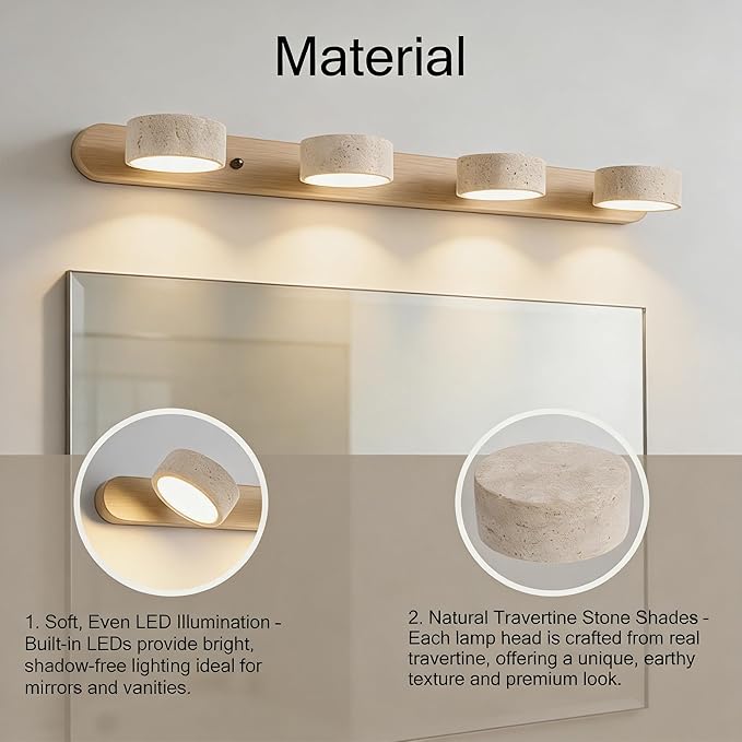LED Bathroom Vanity Light, Travertine Stone Light Fixture, 360° Rotatable Stone Lampshades, Modern Rustic Wall Lamp for Bedroom, Living Room, Hallway (Natural Wood-4 Heads)