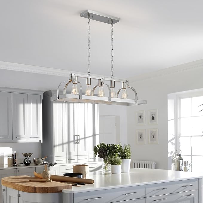WUZUPS 5-Light Metal Chandelier Linear Pendant Ceiling Lighting Rustic Farmhouse Fixture Kitchen Island Dining Room, H 8.5" L 31.5" W10, E26 Base, Brushed Nickel