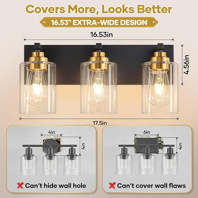 Fivesun Bathroom Vanity Light Fixture, 3-Light Black and Gold Bathroom Light Fixtures Over Mirror with Clear Glass Shades, Modern Vanity Lights for Bathroom Living Room Hallway (Bulbs Not Included)