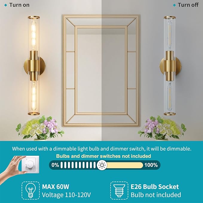 Gold Wall Sconce, Bathroom Light Fixtures in Clear Glass Indoor Wall Sconces, Modern Sconce Wall Lighting Up and Down Vanity Lights Fixtures for Bathroom,Living Room - Bulb Not Included
