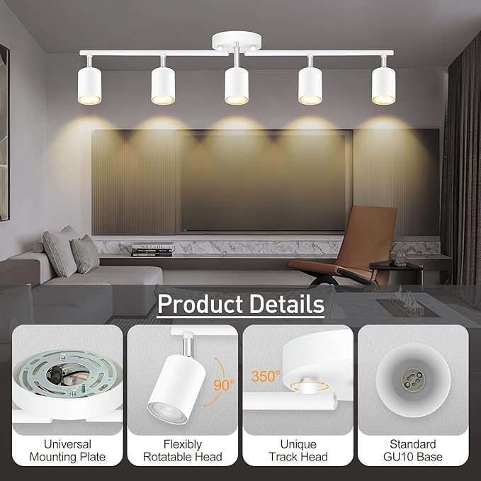 Track Lighting, LED Track Lighting Fixtures Ceiling, White Kitchen Lights for Bedroom, 30" Ceiling Spotlight Kit, 5 Light Wall Light with Rotatable Heads, Kitchen Decor(GU10 Socket, NO Bulb)