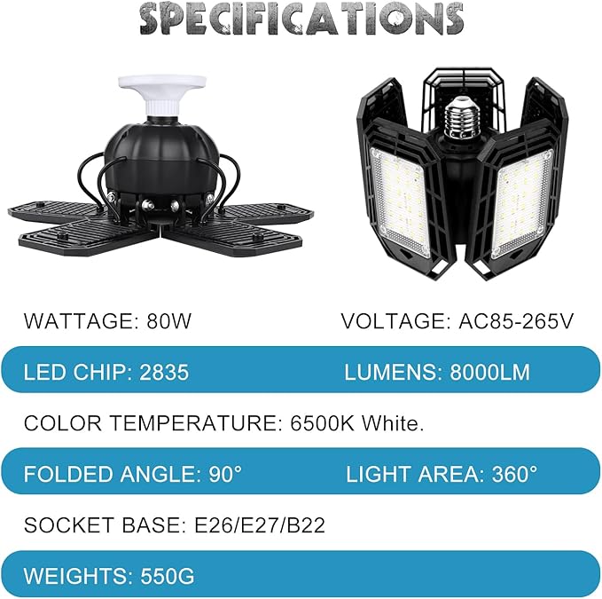 LED Garage Lights 4 Pack, Ceiling LED Shop Light 160W 16000LM 6500K Screw in Led Light with 5+1 Deformable Panels, Bright Led Lighting for Garage Workshop Basement Support E26/E27 Socket