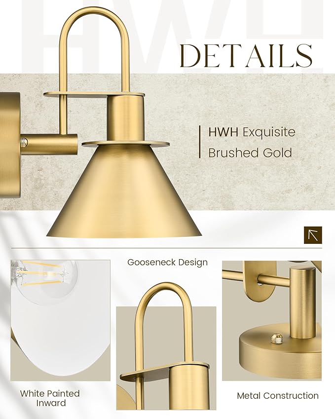 Wall Sconces Set of 2, HWH 1-Light Gold Bathroom Light Fixtures, Modern Barn Wall Lamp with Metal Shade, Indoor Wall Sconce Lighting for Bedroom Kitchen, Gold Finish, 5HZG56B-2 BG