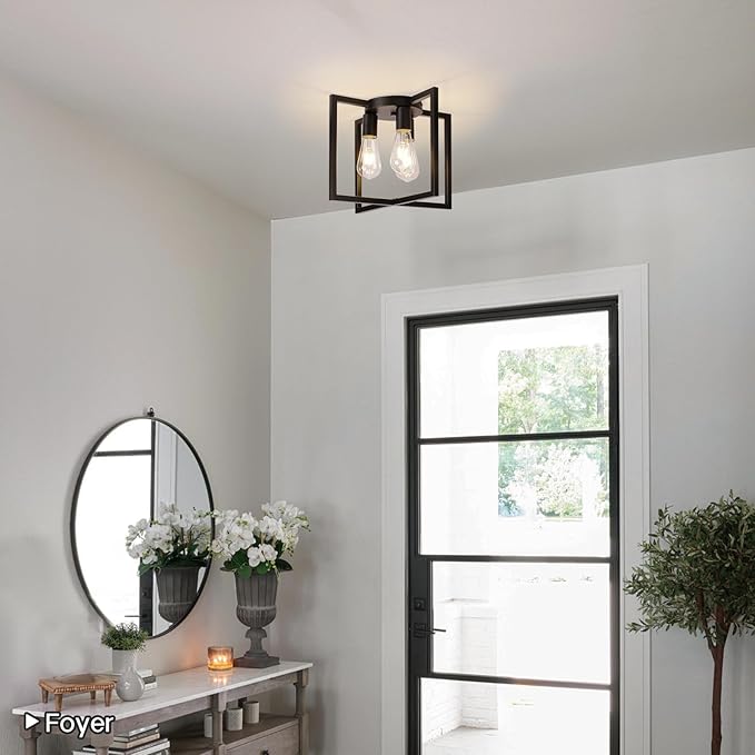 Farmhouse Industrial Ceiling Light Fixture Flush Mount, Black 3-Light Lighting, Modern Rustic Flush Mount Ceiling Lamp for Kitchen, Living Room, Bedroom, Dining Room, Hallway, Entryway, Foyer