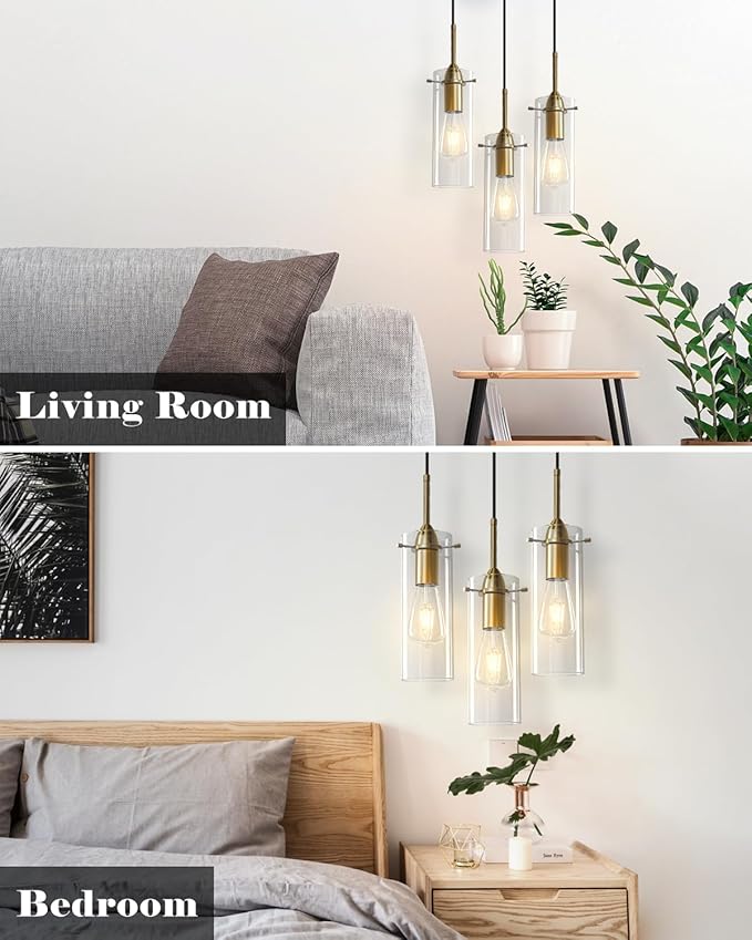 Gold Pendant Lights Kitchen Island 3 Packs, Blown Glass Pendant Light, Modern Glass Kitchen Pendant Light, Hanging Pendant Lights, Island Pendant Lights for Kitchen, Dining Living Bathroom