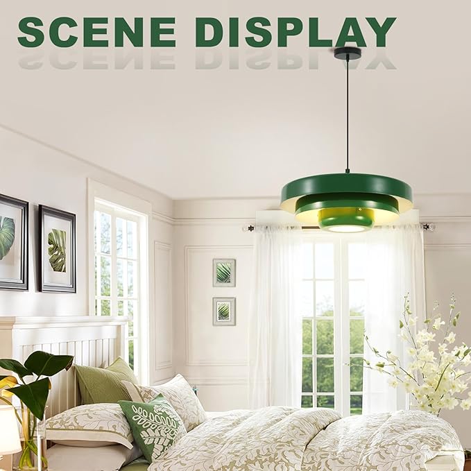 Vintage Industrial Green Pendant Light, 17.7" Large Adjustable 59" Cord Hanging Ceiling Light Fixture Mid Century Modern Chandelier for Garage Workshop