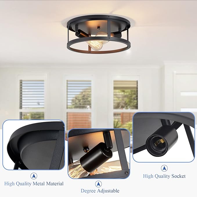 2 Pack Flush Mount Ceiling Light,13 Inch Industrial Farmhouse Ceiling Light Fixture,2-Light Matte Black Flush Mount Light Fixture for Kitchen Dining Room Entryway Hallway,E26 Base