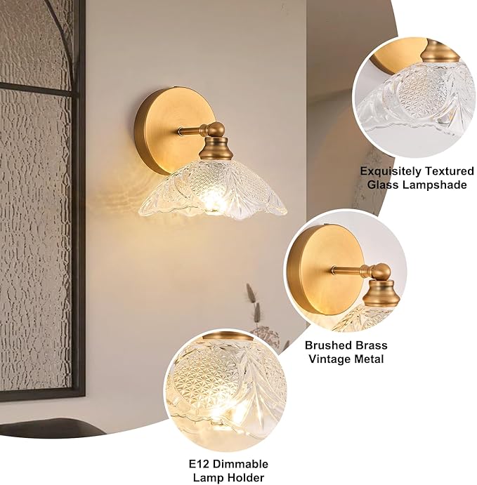 Bathroom Vanity Light, 9.05 Inch Single Light Brushed Antique Brass Wall Sconce, Vintage E12 Bathroom Light for Mirror, Euro Classic Lighting for Hallway, Bedroom, Powder Room