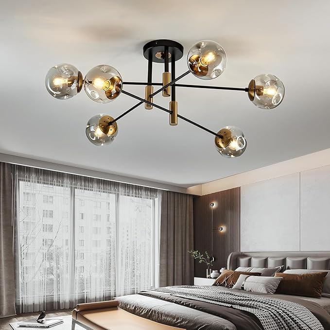 6-Light Glass Globe Sputnik Light Fixture Modern Matte Black and Gold Chandelier Semi Flush Mount Ceiling lamp for Living Room Kitchen Dining Room Farmhouse Bedroom