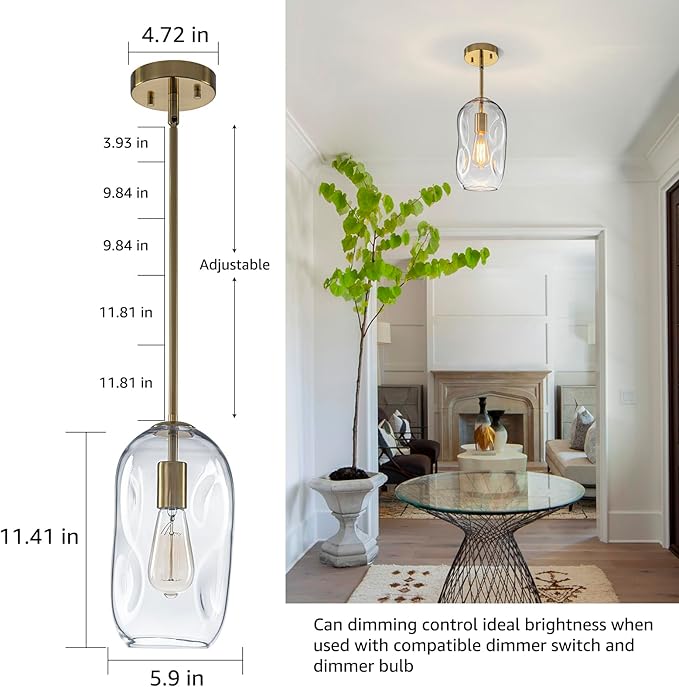 Kitchen Pendant Lighting Over Island 2 Pack,Glass Gold Pendant Light Fixtures Set of 2 Modern Vintage Hanging Lamp 1 Light with 11.4in Height Clear Thick Organic Glass Shade for Dining Table Bar,E26