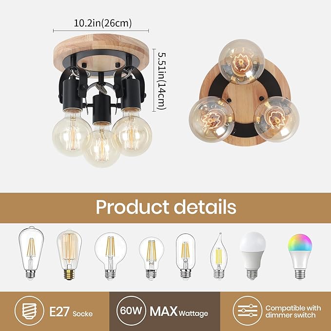 SEEBLEN 3-Light Round Flush Mount Ceiling Light，Rustic Ceiling Track Lighting with Wooden Base, Adjustable Multi-Directional Kitchen Light fixtures for Dining Room Hallway Entryway Bedroom.