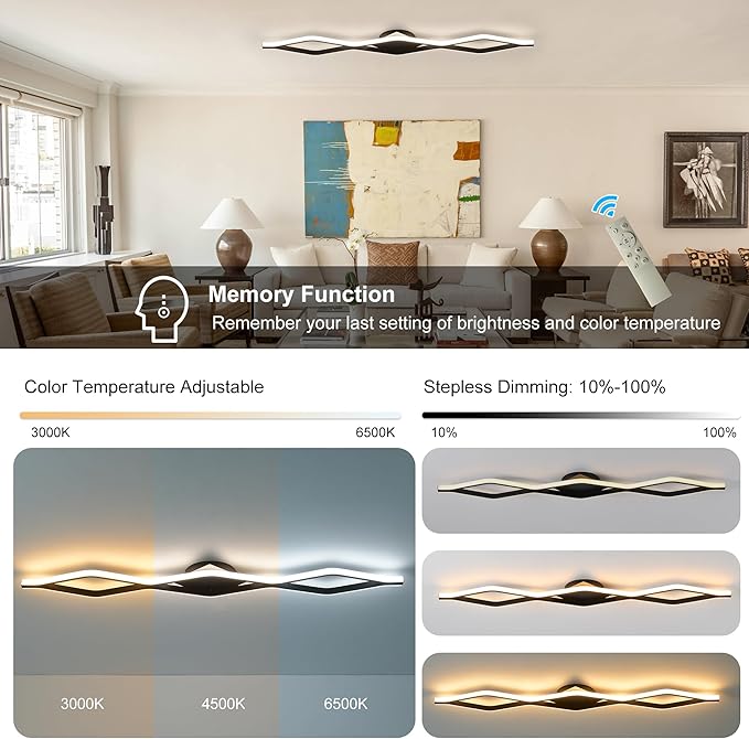 Qcyuui Dimmable LED Ceiling Lights 46.4'' Kitchen Lighting Fixtures Ceiling Black Flush Mount Ceiling Light with Remote Linear Ceiling Light for Kitchen Bedroom Dining Room Hallway,24W