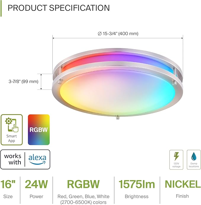 ASD LED 16" Round Flush Mount Lighting, Close to Ceiling Light Fixture | Smart, Multicolor, Dimmable, ETL Listed | 24W 1575LM RGB-2700-6500K 120V | Low Profile Double Ring Lamp | Nickel, 2 Pack