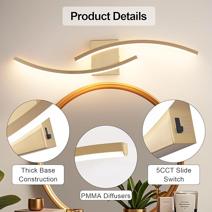 31.5 inch Modern Bathroom Vanity Light Gold Lights Fixtures Dimmable 5CCT Led Bathroom Light Fixture Over Mirror Modern Wall lamp for Cabinet Hallway