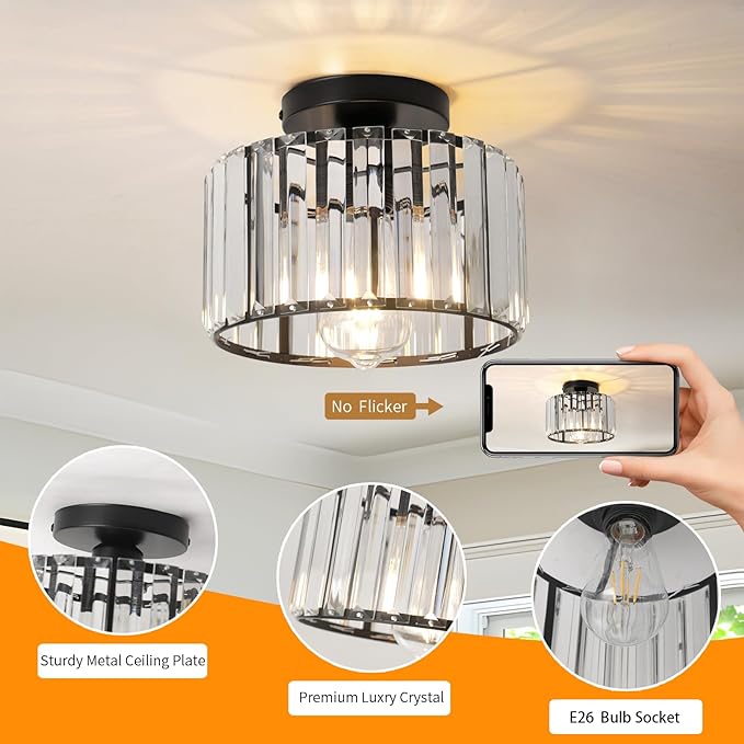 9 Inch Black Crystal Ceiling Light Fixture - Modern Semi-Flush Mount Chandelier with Premium Crystals for Entryway, Dining Room, Bedroom, Kitchen