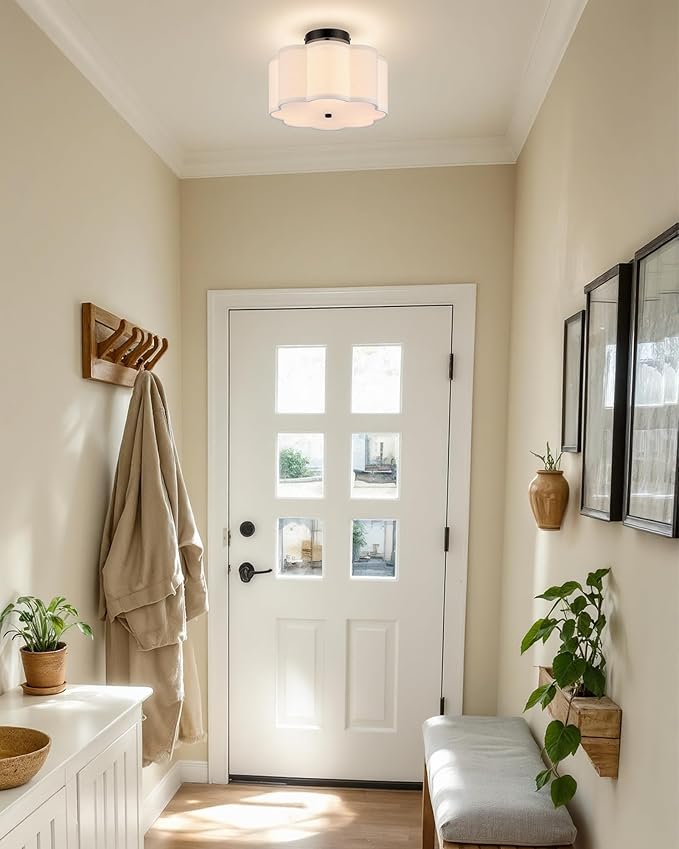 VONLUCE Semi-Flush Mount Ceiling Light, 12.6" Modern 3-Light Ceiling Light Fixture with White Petal-Shaped Shade 3 E26 Sockets for Bedroom Entryway Living Room, Black Finish, ETL Certificated
